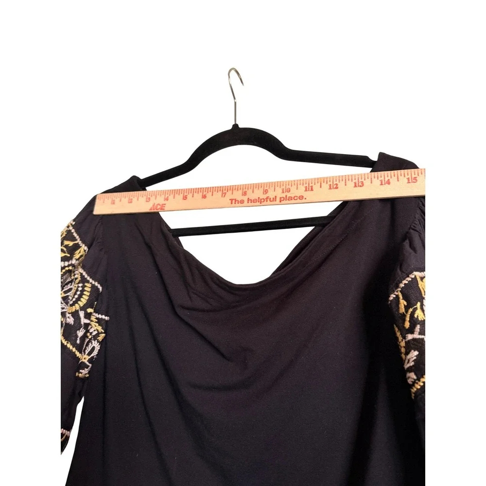 Boho Festival Free People Black Embroidered Puff Sleeve Off Shoulder Top Med